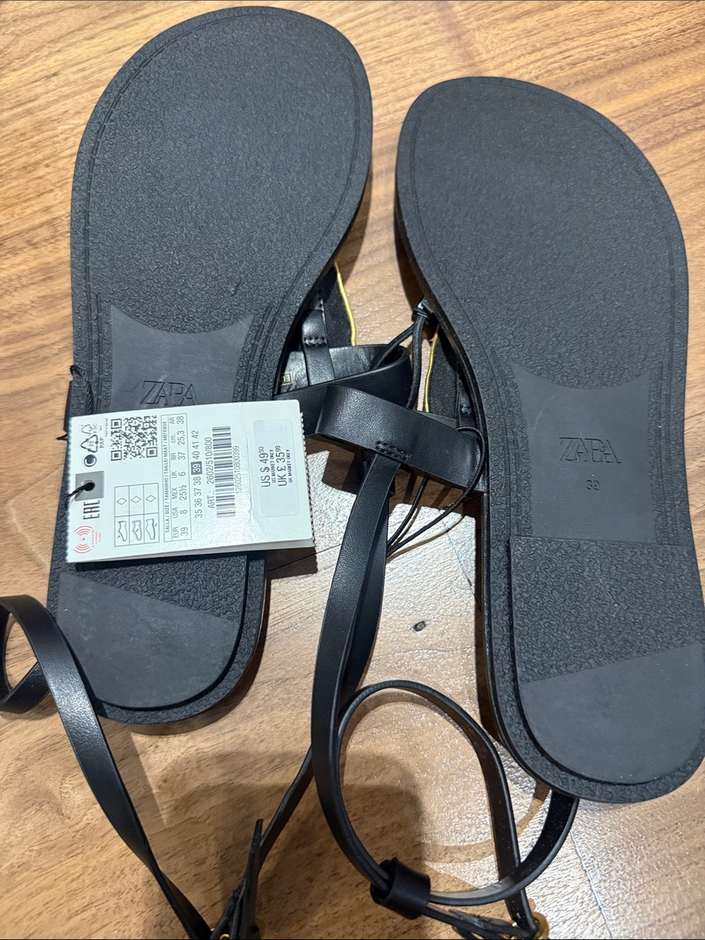 ZARA Black Leather T-Strap Sandals with Gold Accent - Picture 3 of 4